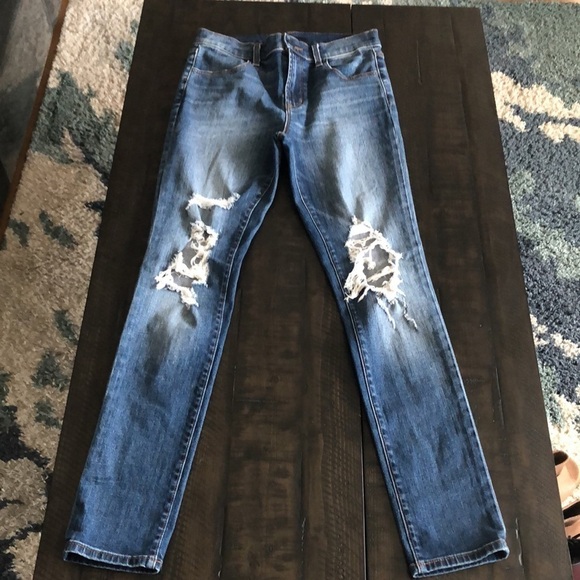 J Brand High Waisted Ankle Jean Destroyed Knee Blue Stretch Denim Size 27 Skinny - Picture 2 of 16